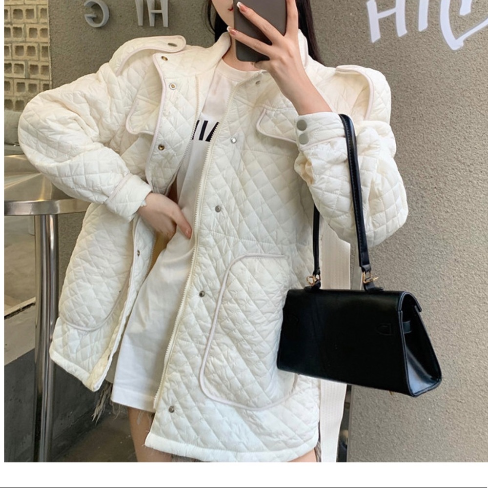 Quilted Jacket coat pocket belt British fashion white button winter outerwear - Picture 8 of 13